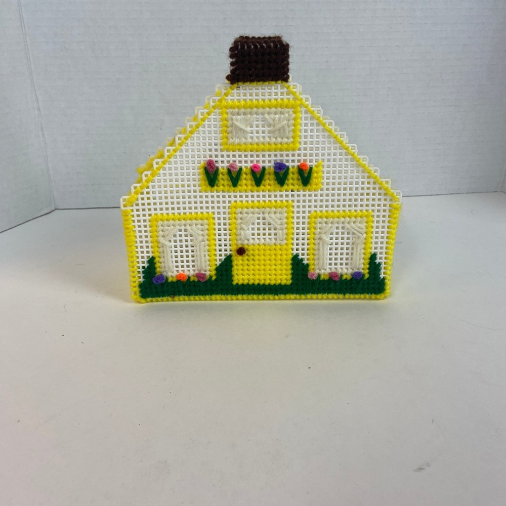 Vintage Plastic Canvas Cottage House Napkin Holder Yellow White Handmade Kitsch